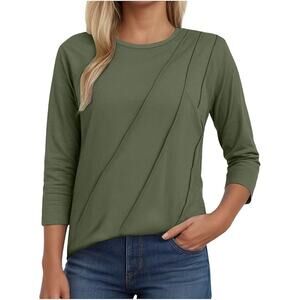 Women's Casual Pleated 3/4 Sleeve T-Shirt Loose Fit Crew Neck Green Size XL